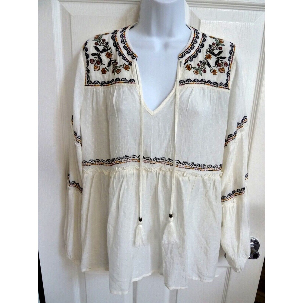 KNOX ROSE Women Small White Tiered Boho Blouse Embroidered Tassels Rayon Top